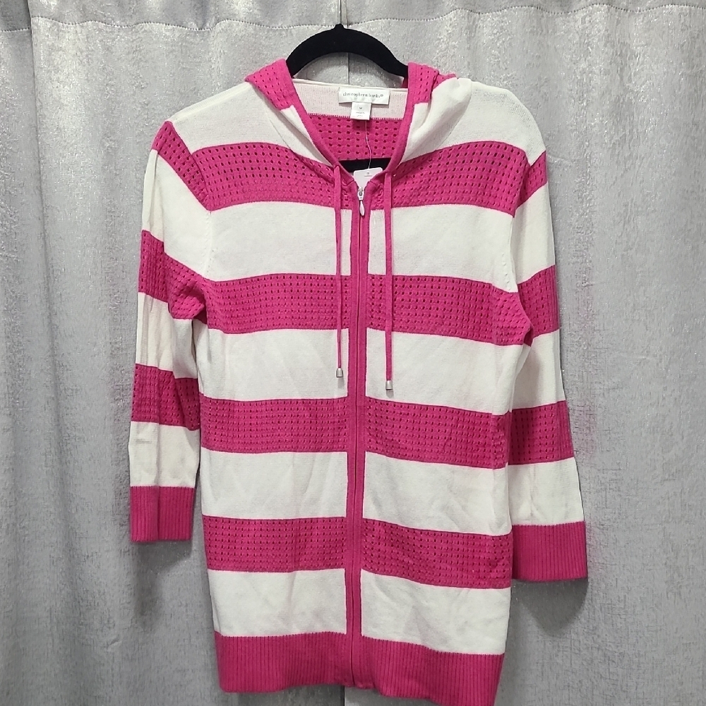 Christopher & Banks‎ Pink and White Knit Full Zip Hooded Top NWT